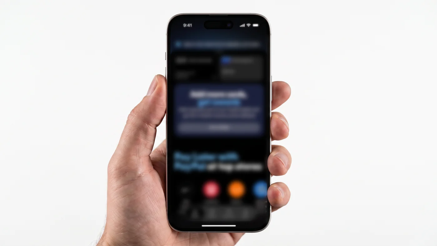 A hand holding a phone showing a blurred checkout screen